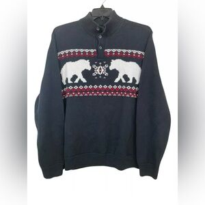 Chaps Mens XL 3 Button Pullover Black Sweater Winter Bears 100% Cotton